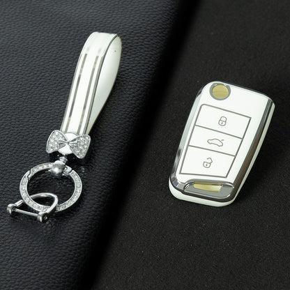 VOF1T1 White-Silver Plating TPU Premium Soft Car Key Case Cover Shell for Volkswagen Tiguan L Lavida Plus Golf 7 Polo Skoda Key Rings Keychain Bag Accessory