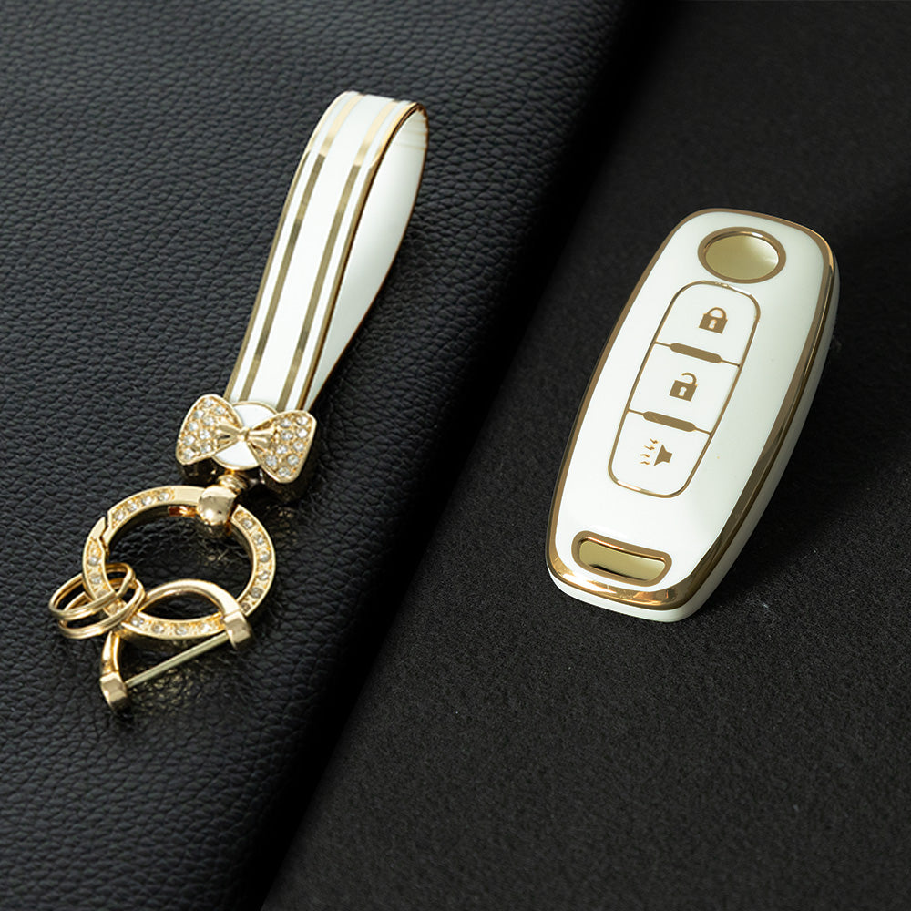 NIA5T1 White-Gold Plating TPU Car Key Cover Key Fob Holder Suitable for Nissan Sylphy Bluebird Teana X-Trail Murano GTR