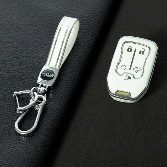 CEB1T1 White-Silver Plating Remote Shell Fob Holder TPU Key Cover Case for Sierra Terrain Acadia Chevrolet Tahoe 2012-2016 for Car