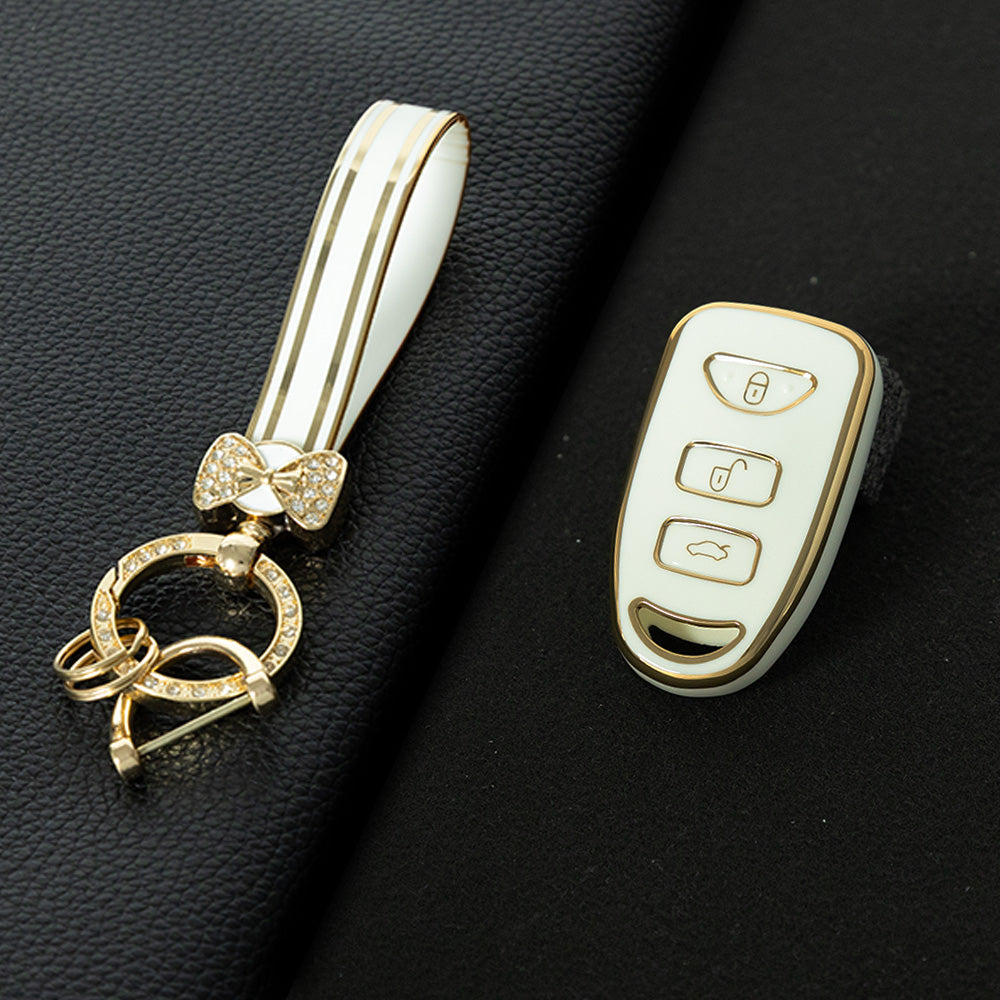 HYJ2T1 White-Gold Plating New TPU Car Key Case Cover Shell for Hyundai Kia Tucson Sonata Santa FE Carens