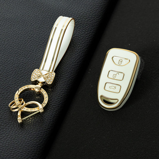HYJ2T1 White-Gold Plating New TPU Car Key Case Cover Shell for Hyundai Kia Tucson Sonata Santa FE Carens