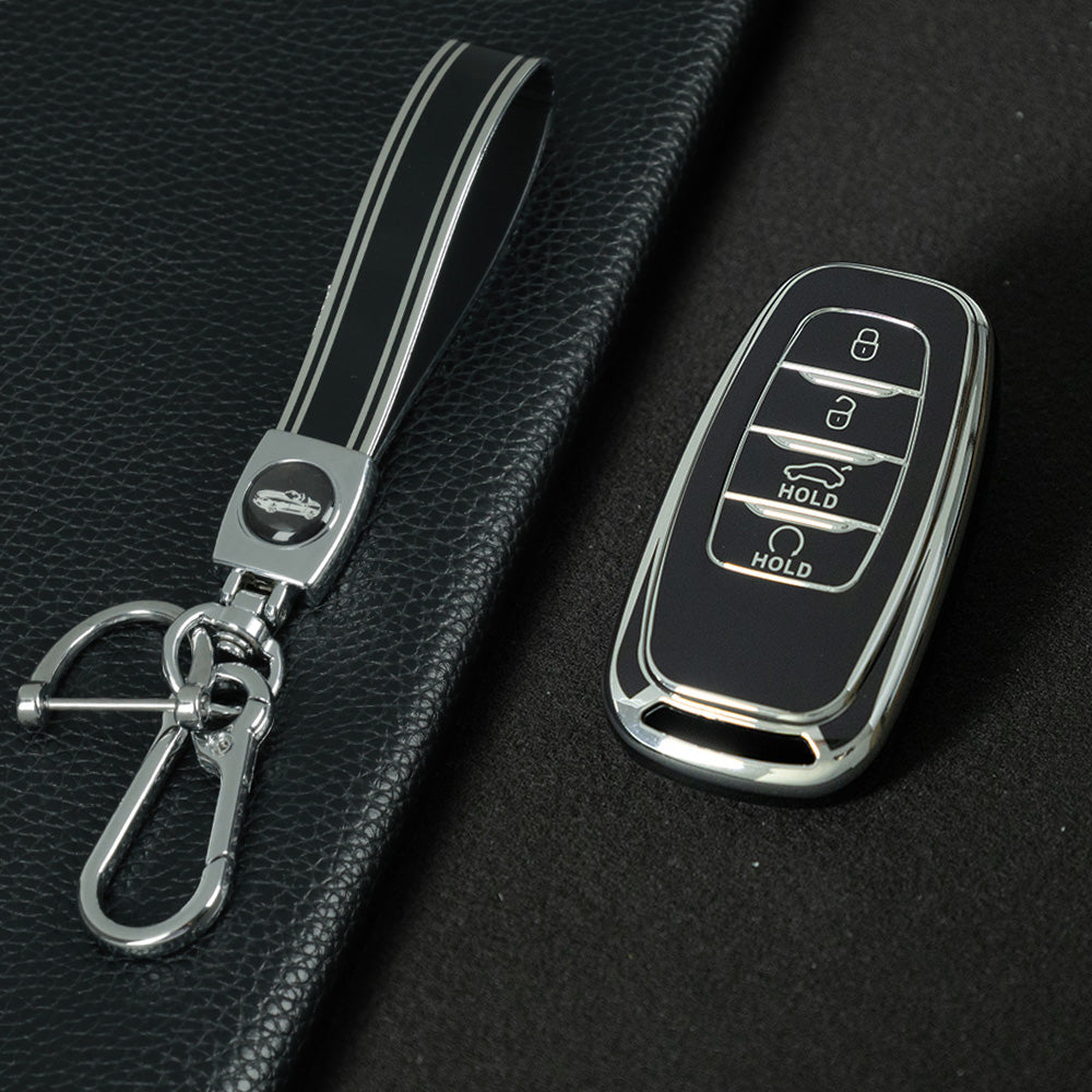 HNB1T1 Black-Silver Plating Soft TPU Car Key Case Cover Shell for Hongqi BESTURN B50 B70 E-HS3 H5 H7 Saloon H9 HQ3 HS5 HS7 SHENGSHI Key Rings Keychain Bag