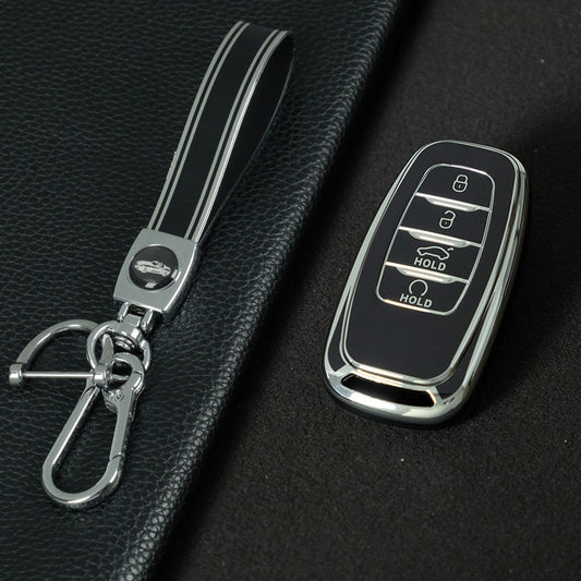 HNB1T1 Black-Silver Plating Soft TPU Car Key Case Cover Shell for Hongqi BESTURN B50 B70 E-HS3 H5 H7 Saloon H9 HQ3 HS5 HS7 SHENGSHI Key Rings Keychain Bag