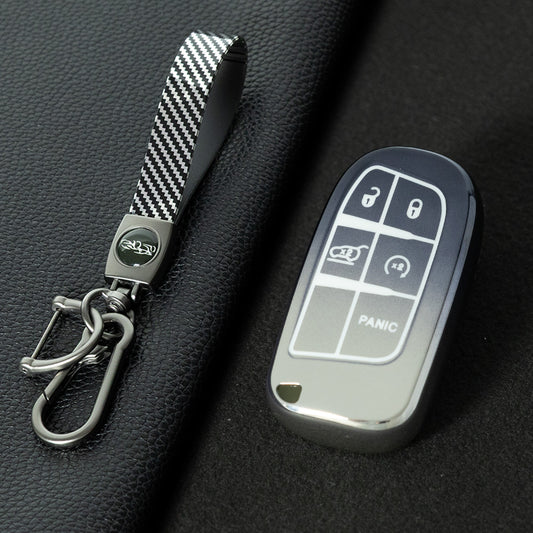 JEA4T1 Gradient Gray-Laser Engraving Car Key Cover New TPU Car Key Case Cover for Jeep Renegade Grand Cherokee for Dodge Ram Charger 1500 Challenger Chrysler 300C Journey