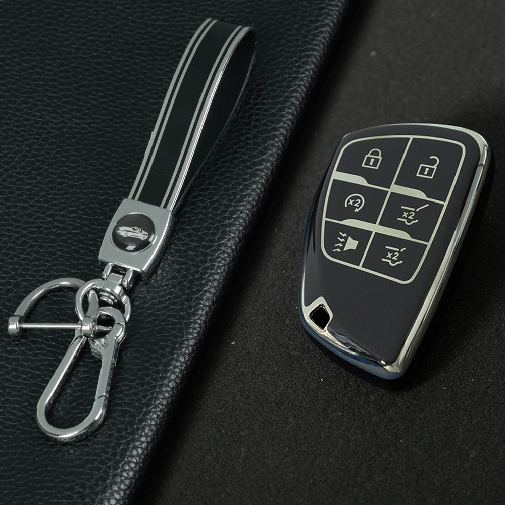 CEV4T1 Black-Silver Plating 6-button Car Remote Key Case TPU Soft Key Fob Cover Smart Key Shell Holder Compatible with GMC Chevy Buick