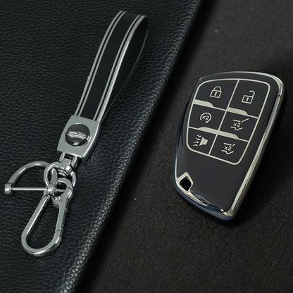 CEV4T1 Black-Silver Plating 6-button Car Remote Key Case TPU Soft Key Fob Cover Smart Key Shell Holder Compatible with GMC Chevy Buick