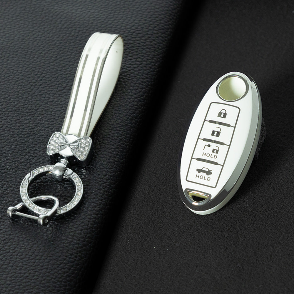 NIB9T1 White-Silver Plating TPU Car Key Case Cover for Nissan Note Qashqai Pathfinder Rogue Versa Infiniti Q50 Kia