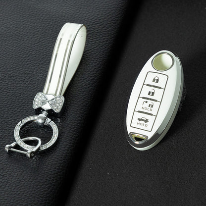 NIB9T1 White-Silver Plating TPU Car Key Case Cover for Nissan Note Qashqai Pathfinder Rogue Versa Infiniti Q50 Kia