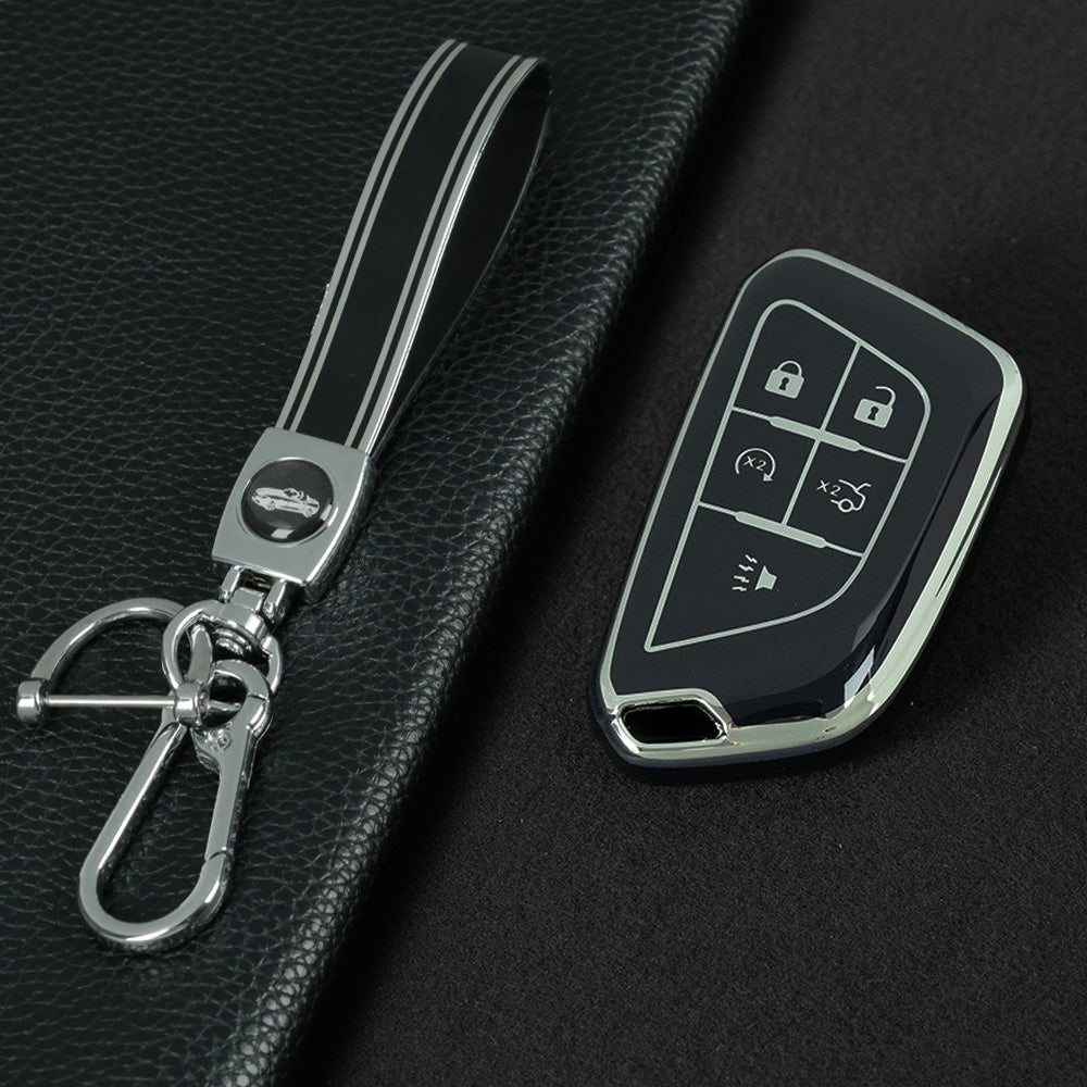 CAB1T1 Black-Silver Plating TPU Premium Soft Car Key Case Cover Shell for Cadillac XT5 XT4 XT6 CT5 CT6 CT4 XTS ATSL SRX Key Ring Keychain Bag Accessory
