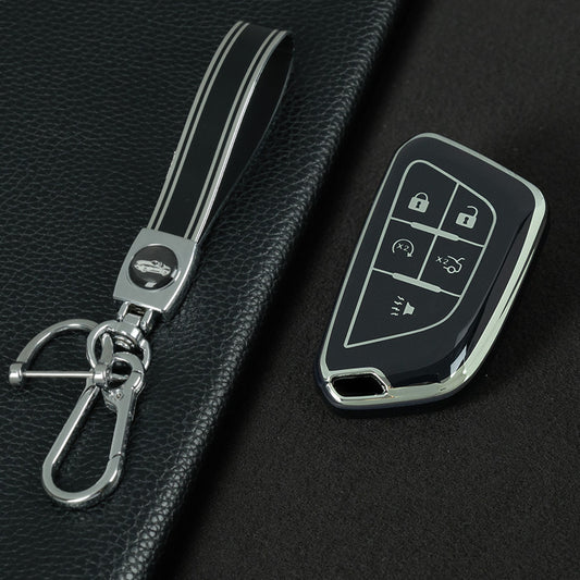 CAB1T1 Black-Silver Plating TPU Premium Soft Car Key Case Cover Shell for Cadillac XT5 XT4 XT6 CT5 CT6 CT4 XTS ATSL SRX Key Ring Keychain Bag Accessory