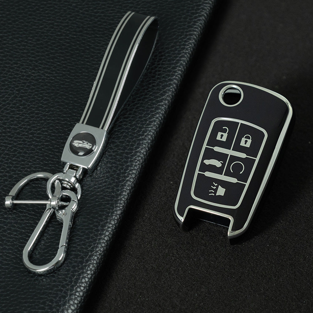 CED5T1 Black-Silver Plating Gold/Silver Edge 5-Button TPU Key Cover for Chevrolet Cruze Camaro Buick Regal Excelle, Protective Key Case