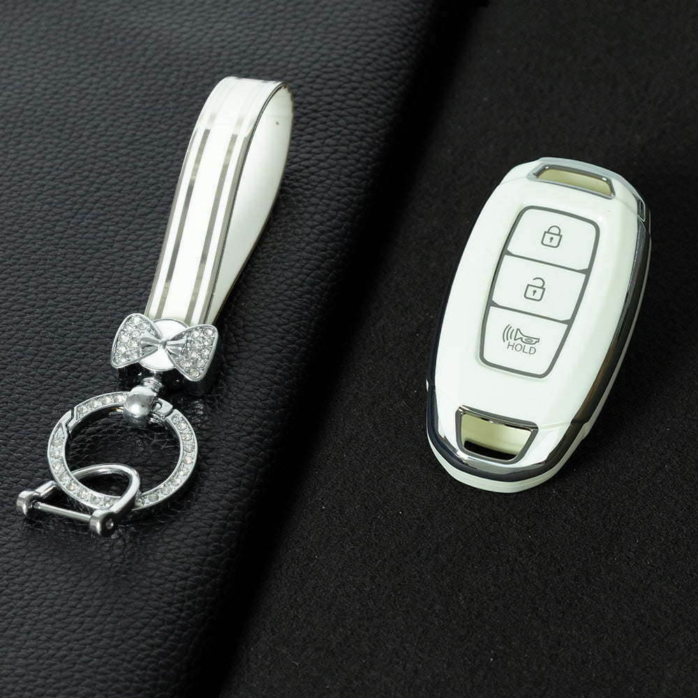 HYA2T1 White-Silver Plating TPU Car Key Case Cover for Hyundai Solaris 2021 Accent Ix25 Creta 2020 Elantra Tucson Verna I20