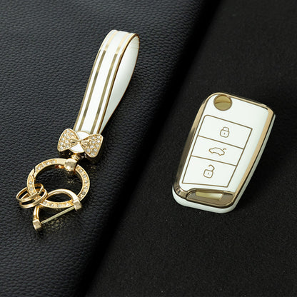 VOF1T1 White-Gold Plating TPU Premium Soft Car Key Case Cover Shell for Volkswagen Tiguan L Lavida Plus Golf 7 Polo Skoda Key Rings Keychain Bag Accessory