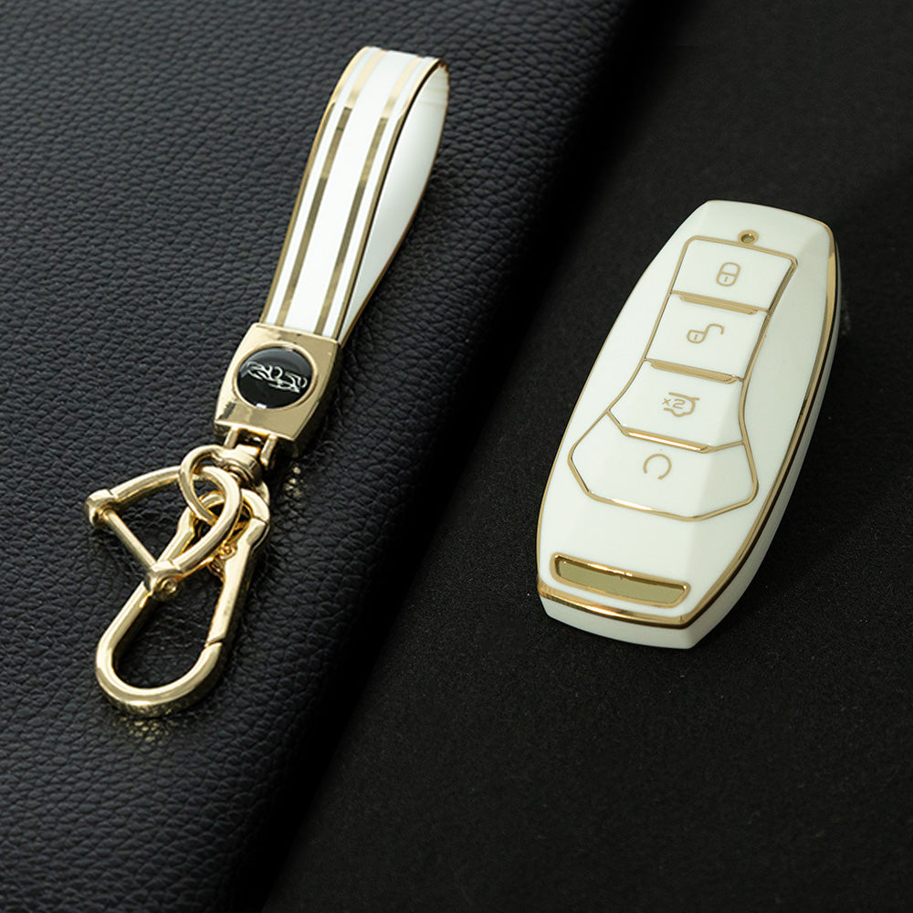 BYA1T1 White-Gold Plating Car Key Cover TPU premium soft car key cover for BYD Song Plus, Qin DMI, Han EV Yuan Pro, Tang ATTO, with 3 key rings and key chain pouch accessories.