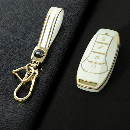 BYA1T1 White-Gold Plating Car Key Cover TPU premium soft car key cover for BYD Song Plus, Qin DMI, Han EV Yuan Pro, Tang ATTO, with 3 key rings and key chain pouch accessories.