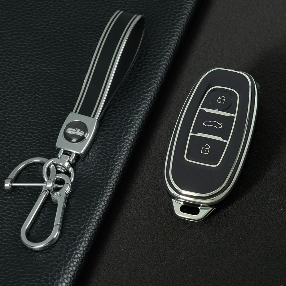 HNC1T1 Black-Silver Plating Soft TPU Car Key Case Cover Shell for Hongqi BESTURN B50 B70 E-HS3 H5 H7 Saloon H9 HQ3 HS5 HS7 SHENGSHI Key Rings Keychain Bag