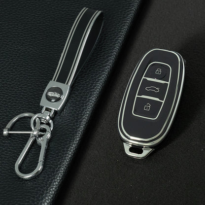 HNC1T1 Black-Silver Plating Soft TPU Car Key Case Cover Shell for Hongqi BESTURN B50 B70 E-HS3 H5 H7 Saloon H9 HQ3 HS5 HS7 SHENGSHI Key Rings Keychain Bag