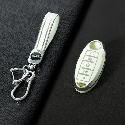 NIB6T1 White-Silver Plating Car Key Cover Silver Edge TPU Car Key Cover Keychain Fob Case Accessories for Nissan Note Qashqai Pathfinder Rogue Versa Infiniti Q50 Kia