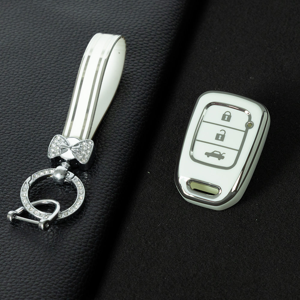 HOM2T1 White-Silver Plating TPU Car Key Case Cover for Honda VEZEL City Fit