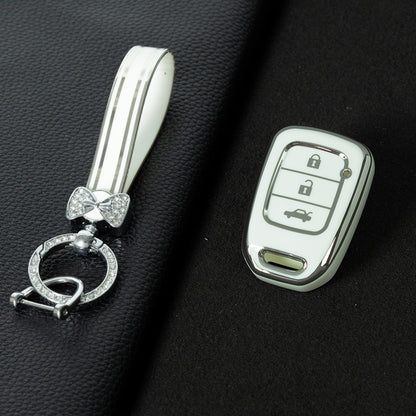 HOM2T1 White-Silver Plating TPU Car Key Case Cover for Honda VEZEL City Fit