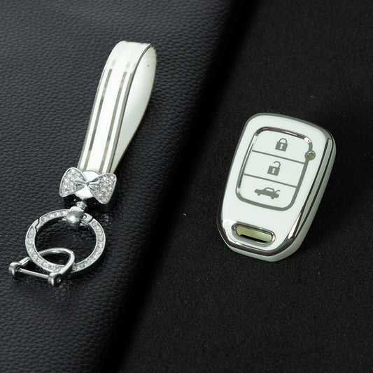 HOM2T1 White-Silver Plating TPU Car Key Case Cover for Honda VEZEL City Fit