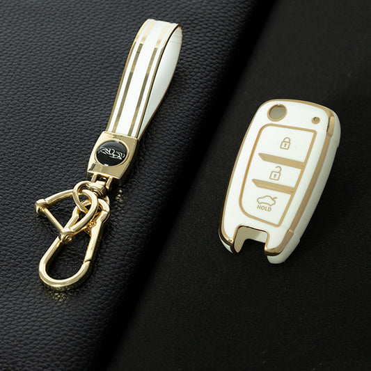 HYB1T1 White-Gold Plating TPU Car Folding Key Case Cover Holder for Hyundai Azera Elantra Solaris Tucson I30 I35 I40 KONA Genesis Santa Fe Shell Fob