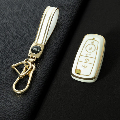 FOB4T1 White-Gold Plating Car Key Cover Car Key Case Cover for Ford Fiesta Mk8 MK3 MK7 Puma Focus 2 3 MK3 Mk4 Mondeo Mk5 Mk4 Explorer Ecosport Kuga C MAX Bronco Mustang