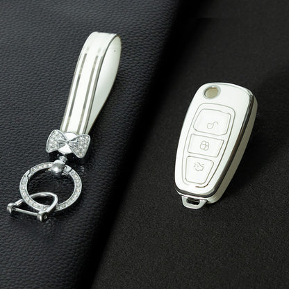 FOD1T1 White-Silver Plating Car Key Cover TPU Car Folding Key Case Cover Bag Keychain for Ford Focus C-Max S-Max Galaxy Mondeo Ranger Transit Tourneo Custom