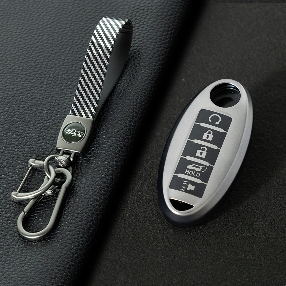 NIB6T1 Black-Metal Gray Plating Car Key Cover Silver Edge TPU Car Key Cover Keychain Fob Case Accessories for Nissan Note Qashqai Pathfinder Rogue Versa Infiniti Q50 Kia