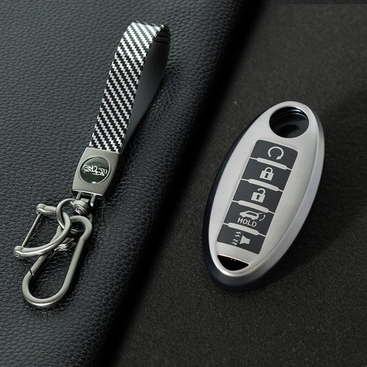 NIB6T1 Black-Metal Gray Plating Car Key Cover Silver Edge TPU Car Key Cover Keychain Fob Case Accessories for Nissan Note Qashqai Pathfinder Rogue Versa Infiniti Q50 Kia