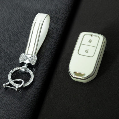 HOA2T1 White-Silver Plating Car Key Cover 2/3/4/5-Button Full-Coverage TPU Key Cover for Honda CR-V/Accord/Civic/Fit/Jade/Odyssey - Anti-Scratch Protective Case