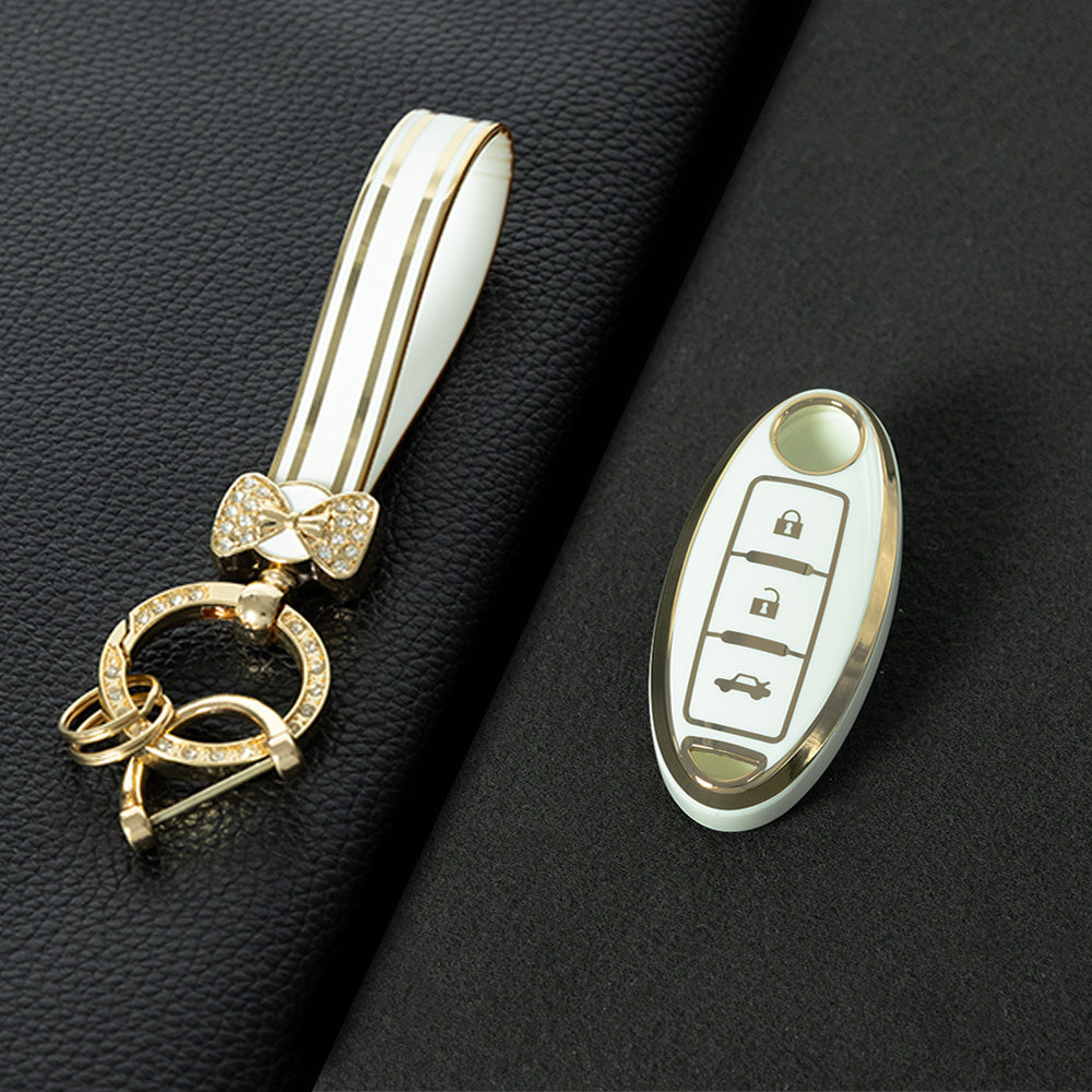 NIB3T1 White-Gold Plating Car Key Cover High Quality Soft TPU 3-Button Popular Key Case Cover Shell for Nissan Patrol Tiida Qashqai X-Trail Juke Navara Car Accessory