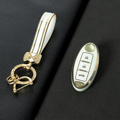 NIB3T1 White-Gold Plating Car Key Cover High Quality Soft TPU 3-Button Popular Key Case Cover Shell for Nissan Patrol Tiida Qashqai X-Trail Juke Navara Car Accessory