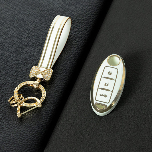 NIB3T1 White-Gold Plating Car Key Cover High Quality Soft TPU 3-Button Popular Key Case Cover Shell for Nissan Patrol Tiida Qashqai X-Trail Juke Navara Car Accessory