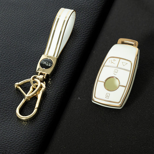 MEB4T1 Black-Gold Plating Mercedes-Benz New Euro/C200L/GLC260L Car Key Cover TPU Protection Buckle Case for E-Class E300L Waterproof Fashion Model