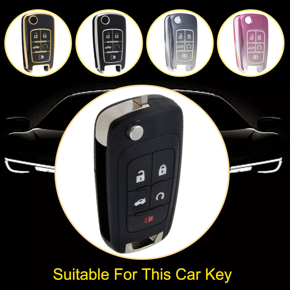 CED5T1 Black-Silver Plating Gold/Silver Edge 5-Button TPU Key Cover for Chevrolet Cruze Camaro Buick Regal Excelle, Protective Key Case