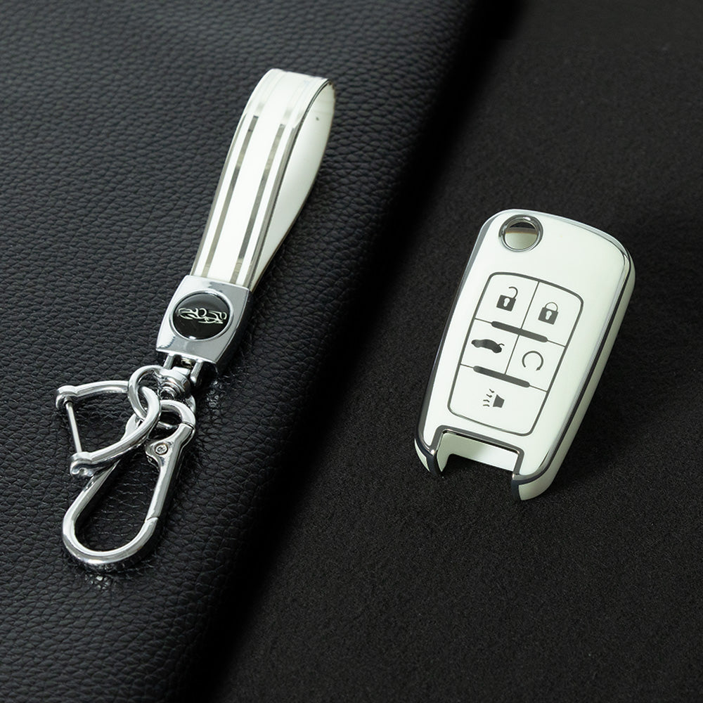 CED5T1 White-Silver Plating Gold/Silver Edge 5-Button TPU Key Cover for Chevrolet Cruze Camaro Buick Regal Excelle, Protective Key Case