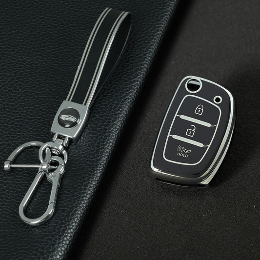 HYF4T1 Black-Silver Plating TPU Car Key Case Cover  for Hyundai Elantra Sonata Kia Forte Optima Spectra 3 Button Protector