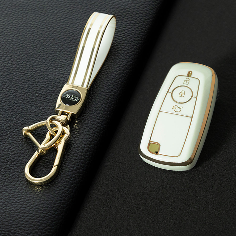 FOB1T1 White-Gold Plating TPU Car Key Case Cover Holder for Ford Fusion Edge Mustang Explorer F150 F250 F350