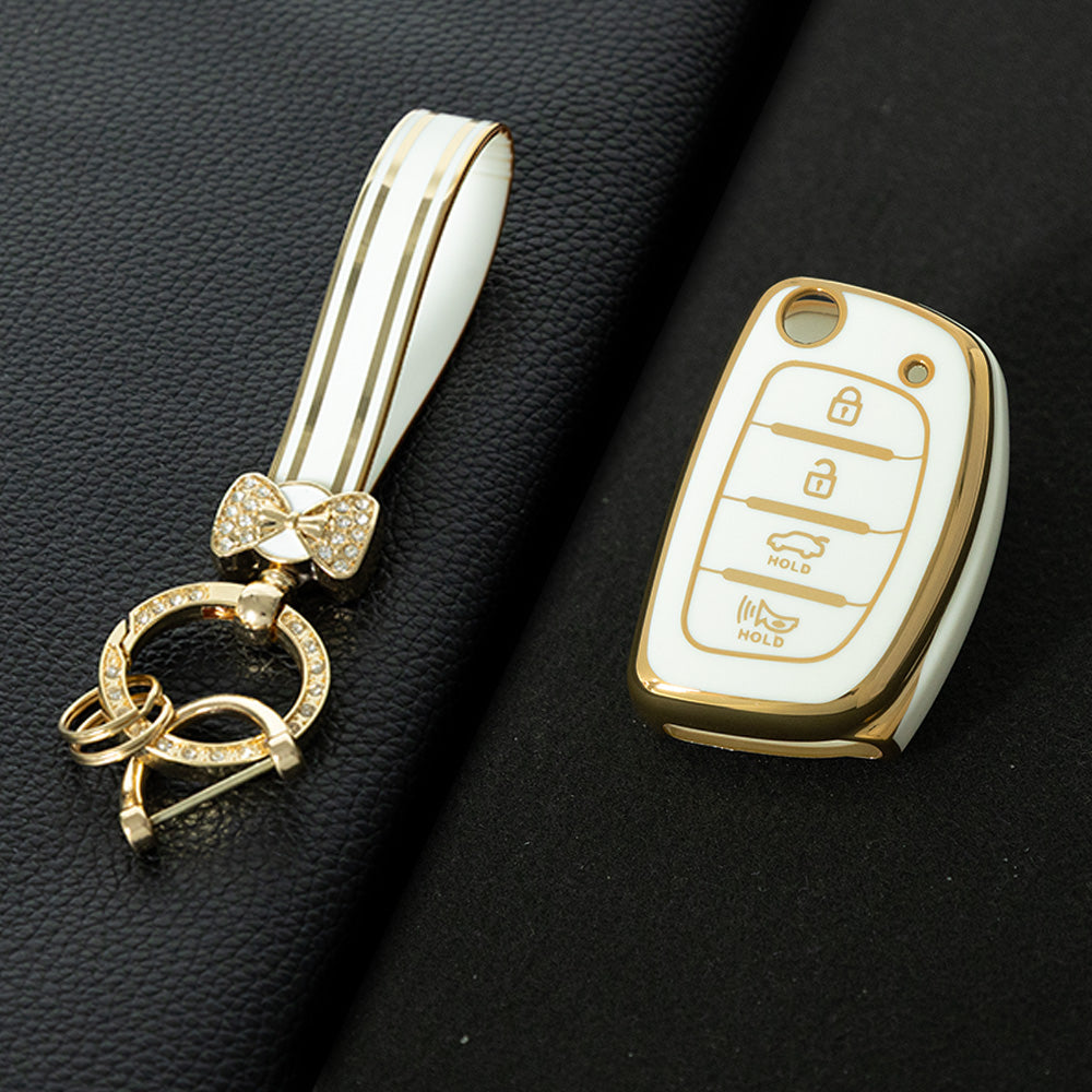 HYF3T1 White-Gold Plating TPU Car Key Case Cover for Hyundai Elantra Sonata Kia Forte Optima Spectra