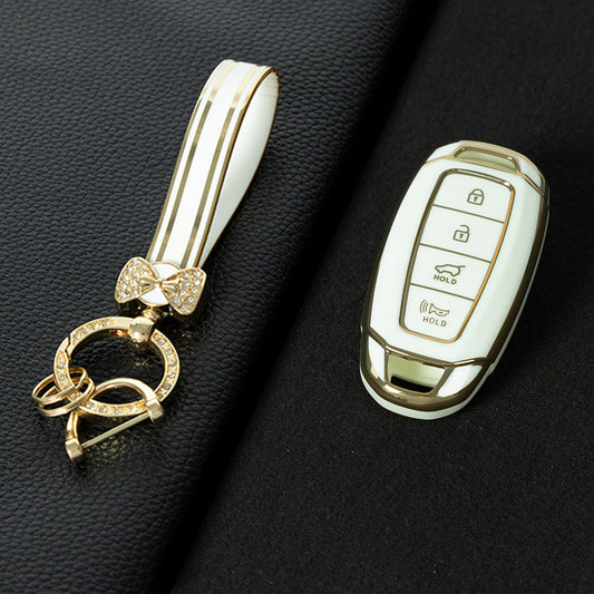 HYS1T1 White-Gold Plating TPU Car Key Fob Case Key Fob Cover Keychain For Hyundai I30 Ix35 KONA Encino Solaris Azera Grandeur Ig Accent Santa Fe Palisade