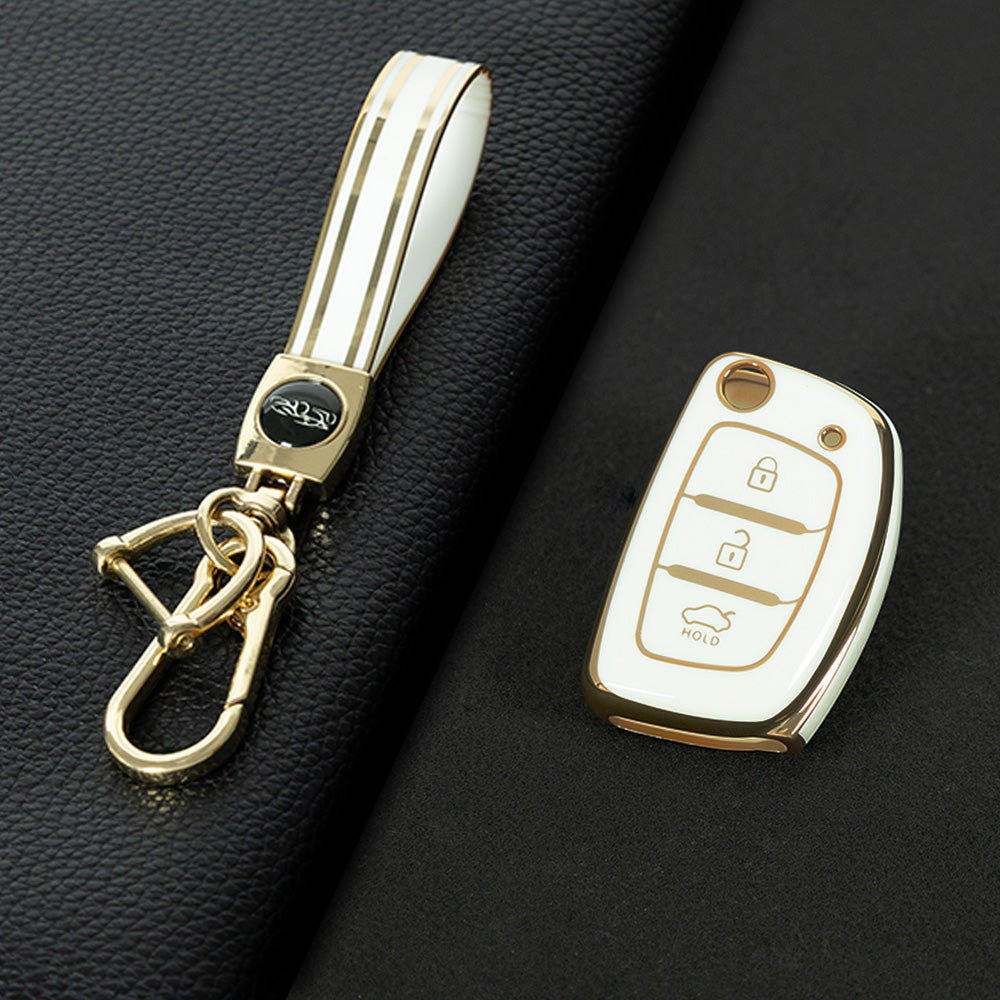HYF2T1 White-Gold Plating Car Accessories TPU Remote Car Key Case Cover Auto Key Shell Fob Holder Compatible with Hyundai Ix25 Ix35 Elantra Mistra