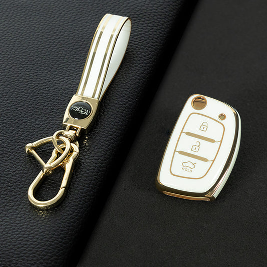 HYF2T1 White-Gold Plating Car Accessories TPU Remote Car Key Case Cover Auto Key Shell Fob Holder Compatible with Hyundai Ix25 Ix35 Elantra Mistra