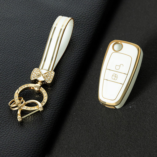 FOD3T1 White-Gold Plating Car Key Cover TPU Car Folding Key Case Cover Bag Keychain for Ford Focus C-Max S-Max Galaxy Mondeo Ranger Transit Tourneo Custom