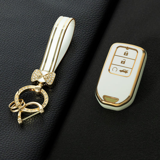 HOA8T1 White-Gold Plating Car Key Cover New Soft TPU Car Remote Key Case Cover Shell Fob for Honda Civic Vezel City Jade Pilot Jazz BRV XRV HRV Fit Odyssey Accessories