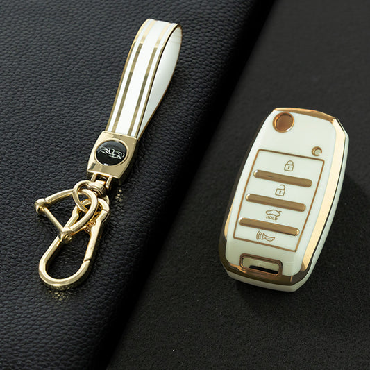 KIE2T1 White-Gold Plating Golden Line TPU Key Case Cover for Rio 3 K2 Ceed Cerato K3 Sportage 4 Picanto K5 Optima Sorento Forte Stinger 2017 2018