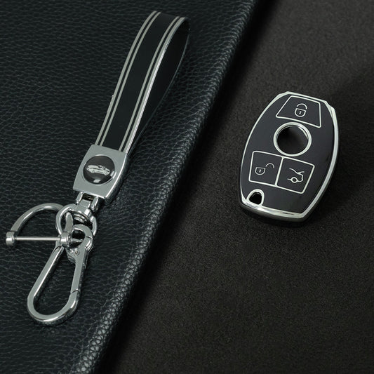 MEC1T1 Black-Silver Plating Car Key Cover Premium Soft TPU Car Key Case Cover Shell for Mercedes Benz C260L C200L A180L GLC260 GLA E300l CLASS Key Rings Keychain Bag