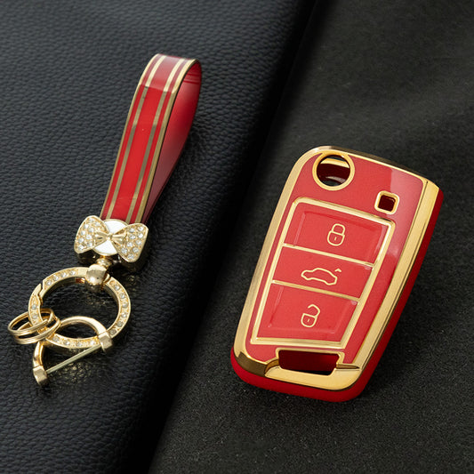 VOA1T1 Red-Gold Plating Car Key Cover For Volkswagen Golf 3 buttons