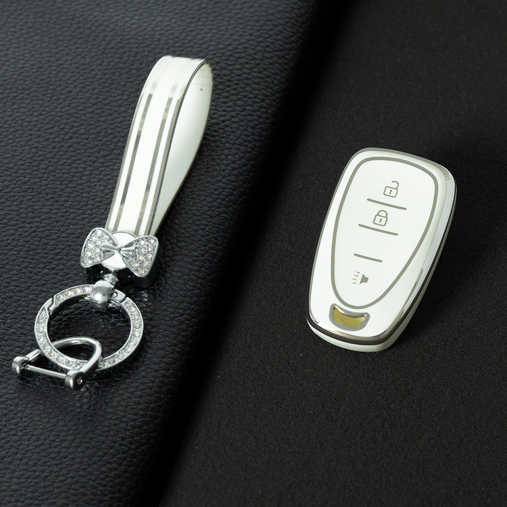 CEA1T1 White-Silver Plating New Soft TPU Car Key Case Cover for Chevrolet Chevy Malibu Camaro Cruze Traverse Sonic Volt Bolt Equinox