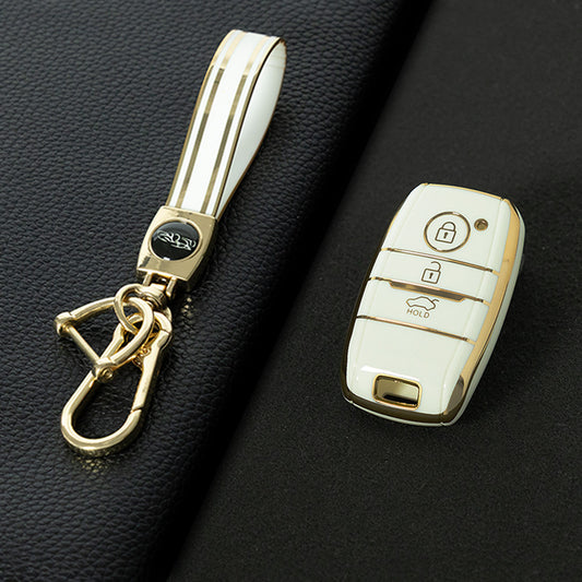 KIH1T1 White-Gold Plating Car Key Cover Key Soft TPU Car Key Case Cover Shell for KIA K3 K4 K5 KX3 KX5 KX7 Sportage Sorento Stonic Cadenza Landwind Key Rings Keychain Bag